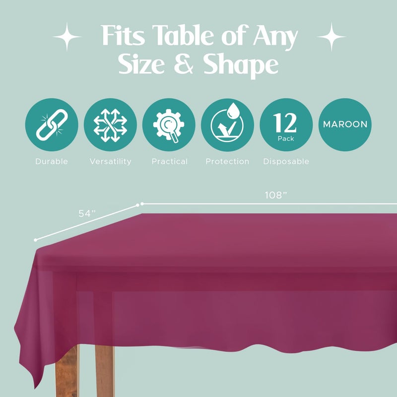 Mountclear Disposable Plastic Tablecloths for Parties [Pack of 12] 54x108â€ Rectangle Table Cover for Indoor & Outdoor Tables- Waterproof Tablecloth for Birthdays, Weddings, Parties [Maroon] - Image 2